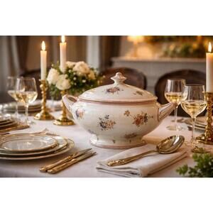 Vintage 1940s Service Florence Porcelain Floral Tureen, 15.5x8x10” DAMAGED